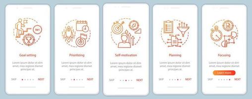 habilidades básicas de rh integrando o modelo de vetor de tela de página de aplicativo móvel. passo a passo do site de qualidades de funcionários profissionais. estabelecimento de metas, priorização. ux, ui, gui conceito de interface de smartphone