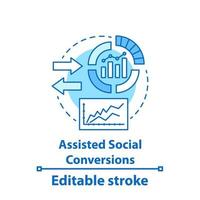 ícone do conceito de conversões sociais assistidas. ilustração de linha fina de idéia de tráfego do site. métricas sm. taxa de crescimento de audiência. análise da web. desenho de contorno isolado de vetor. traço editável vetor