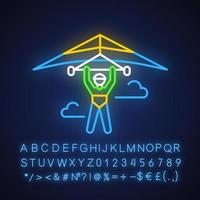 ícone de luz neon de asa delta. piloto de asa-delta voando. esporte aéreo radical. manobra de paraquedismo. voos de adrenalina no céu. truque de parapente. alfabeto brilhante, números. ilustração vetorial isolada vetor