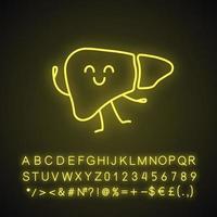 ícone de luz neon de personagem de fígado sorridente. glândula digestiva saudável. saúde do fígado. sinal brilhante com alfabeto, números e símbolos. ilustração vetorial isolada vetor