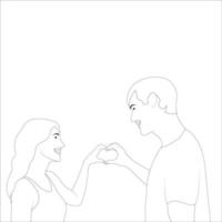 um casal fazendo formato de coração com as mãos, ilustração de contorno de personagem de casal em fundo branco, ilustração vetorial para projetos de dia dos namorados. vetor