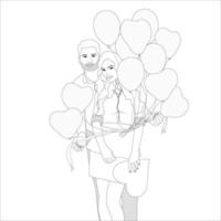 lindo casal abraça com balões em forma de coração, ilustração de contorno de personagem de casal em fundo branco, ilustração vetorial para projetos de dia dos namorados. vetor