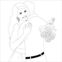 casal jovem fofo abraça com flores rosas, ilustração de contorno de personagem de casal em fundo branco, ilustração vetorial para projetos de dia dos namorados.