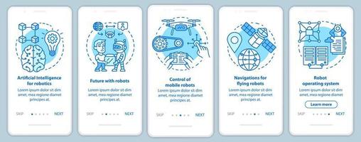 cursos de robótica que integram o modelo de vetor de tela de página de aplicativo móvel. aprender o controle do robô. passo a passo do site com ilustrações lineares. conceito de interface de smartphone ux, ui, gui