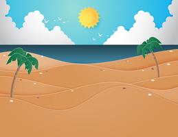 Ilustração da praia e do mar do verão com as palmeiras na praia. vetor