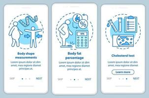 tela de página de aplicativo móvel de integração de saúde corporal com conceitos lineares. teste de colesterol. três passos passo a passo instruções gráficas. medidas da forma do corpo. ux, ui, modelo de vetor gui, ilustrações