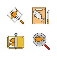 conjunto de ícones de cores de preparação de peixe. peixe enlatado, frito, cortado e grelhado. ilustrações vetoriais isoladas vetor