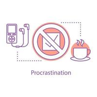 ícone do conceito de procrastinação. perdendo tempo idéia ilustração de linha fina. preguiça. desenho de contorno isolado de vetor