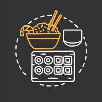 ícone do conceito de giz de sushi bar. cozinha japonesa e chinesa. arroz frito com camarão, sushi. restaurante. ideia de café wok. ilustração de lousa isolada em vetor