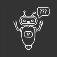 ajude o ícone de giz do chatbot. bot de bate-papo de perguntas frequentes. robô perplexo com pontos de interrogação na bolha do discurso. ilustração de quadro-negro vetorial isolado vetor