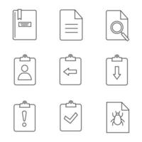 conjunto de ícones lineares ui ux. atribuição atrasada, entregue, relatório de bug, bloco de notas, arquivo, localizar na página, área de transferência com setas para a esquerda e direita, cv. símbolos de contorno de linha fina. ilustrações de contorno de vetor isolado