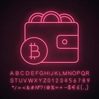 ícone de luz neon da carteira bitcoin. dinheiro digital. e-pagamento. sinal brilhante com alfabeto, números e símbolos. acesso a operações bancárias via Internet. pagamento em criptomoeda. ilustração vetorial isolada vetor