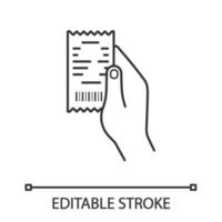 mão segurando o ícone linear de recebimento de dinheiro. Papel, checado. ilustração de linha fina. conta. símbolo de contorno. desenho de contorno isolado de vetor. traço editável vetor