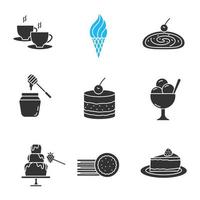 conjunto de ícones de glifo de confeitaria. símbolos de silhueta. bebida quente, sorvete, strudel, pote de mel, tiramisu, fonte de chocolate, biscoitos recheados, cheesecake. ilustração vetorial isolada vetor