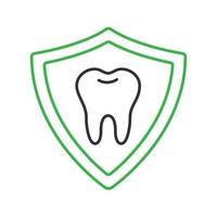 ícone linear de proteção de dentes. ilustração de linha fina. dente dentro do escudo verde. símbolo de contorno. desenho de contorno isolado de vetor