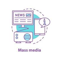 ícone do conceito de mídia de massa. pressione a ilustração de linha fina de ideia. notícias. jornal eletrônico, transmissão de rádio, bate-papo informativo. desenho de contorno isolado de vetor