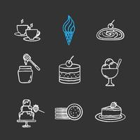 conjunto de ícones de giz de confeitaria. bebida quente, sorvete, strudel, pote de mel, tiramisu, fonte de chocolate, biscoitos recheados, cheesecake. ilustrações de quadro-negro vetoriais isolados vetor