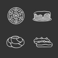 conjunto de ícones de giz de padaria. pizza, pilha de panquecas, pão de pastelaria, eclair. ilustrações de quadro-negro vetoriais isolados vetor