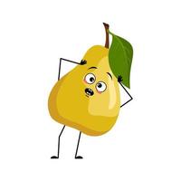 personagem de pêra com emoções em pânico agarra sua cabeça, rosto surpreso, olhos chocados, braços e pernas. pessoa com expressão assustada, emoticon de frutas. ilustração vetorial plana vetor