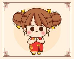 linda garota cumprimentando feliz ano chinês celebração festival de personagem ilustração de arte de desenho animado desenhada à mão vetor