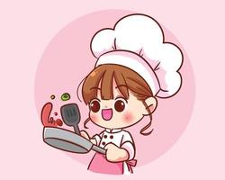 chef fofo cozinhando logotipo de mascote de comida de restaurante ilustração de arte de desenho animado desenhada à mão vetor