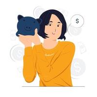 mulher tenta ouvir e segurando o cofrinho perto da orelha, economizando ilustração do conceito de dinheiro vetor