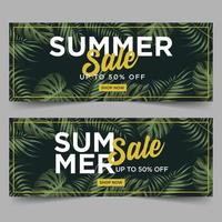 modelo de banner de venda de verão com fundo de folhas tropicais vetor