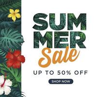 modelo de banner de venda de verão com fundo de flores e folhas tropicais vetor