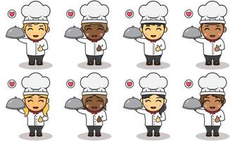 ilustração em vetor de chef de menino e menina segurando um cloche de prato ou prato.