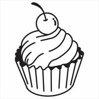 cupcake de desenho de mão simples com cobertura de cereja, ilustração vetorial preto e branco vetor