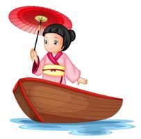 Um, menina japonesa, ligado, barco madeira vetor