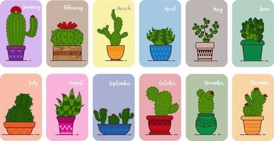 vários tipos de cactos fofos com a descrição do nome do mês. ilustração em vetor de um gráfico. perfeito para ícones de calendário, adesivos, planos de fundo, etc.