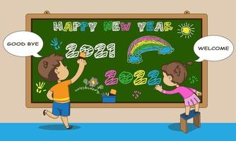2 crianças estão escrevendo feliz ano novo usando giz no quadro-negro. gráficos de ilustração vetorial. ótimo para usar para capas, papéis de parede e cartões de felicitações de ano novo para parentes próximos.