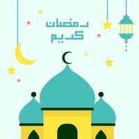 bela ilustração vetorial ramadan kareem o cartão de felicitações de festa muçulmana do mês sagrado com lanterna, lua crescente, mesquita e caligrafia árabe. vetor de estilo de página de destino plana.