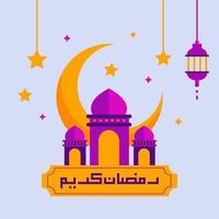 bela ilustração vetorial ramadan kareem o cartão de felicitações de festa muçulmana do mês sagrado com lanterna, lua crescente, mesquita e caligrafia árabe. vetor de estilo de página de destino plana.