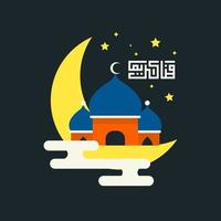 bela ilustração vetorial ramadan kareem o cartão de felicitações de festa muçulmana do mês sagrado com lanterna, lua crescente, mesquita e caligrafia árabe. vetor de estilo de página de destino plana.