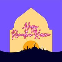 tipográfico ramadan kareem. ilustração em vetor cartão festa ramadã. composição de letras do mês sagrado muçulmano com construção de mesquita