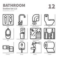 conjunto de ícones do banheiro, contorno detalhado, vetor e ilustração conjunto 1