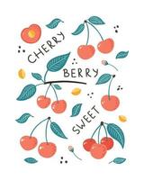baga de cereja. estilo doodle. cartaz de frutas, folhas e flores desenhadas à mão com ilustração de letras para menu, etiqueta de mercado, design e decoração de embalagens de alimentos, adesivo, impressão vetor