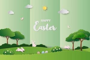 cartão de feliz páscoa em fundo de papel verde, coelhos pulando na grama para férias festivas de primavera, pôster, banner ou papel de parede vetor