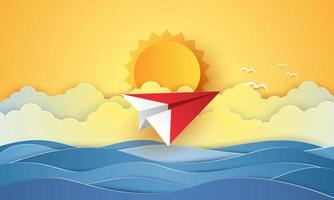 horário de verão, mar com avião de origami voando e sol, estilo de arte de papel vetor