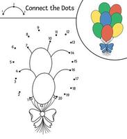 vetor de aniversário ponto a ponto e atividade de cor com um monte de balões fofos. festa natalícia conecte o jogo de pontos para crianças. página para colorir engraçada para crianças com símbolo tradicional de aniversário.