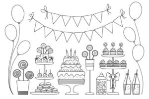 barra de chocolate preto e branco de vetor. refeição de aniversário de contorno bonito com bolo, velas, cupcakes, bolo pops, jujubas, bandeiras. ilustração de sobremesa engraçada para cartão, pôster, design de impressão. ícones de linha de férias. vetor