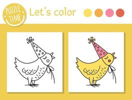 página para colorir de aniversário para crianças. pássaro engraçado com chapéu de festa. ilustração vetorial de contorno de férias com animal fofo. livro de cores de festa para crianças com exemplo colorido vetor