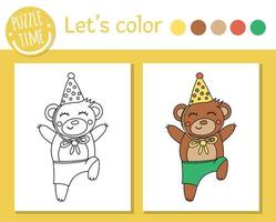 página para colorir de aniversário para crianças. urso engraçado no chapéu de festa. ilustração vetorial de contorno de férias com animal fofo. livro de cores de festa para crianças com exemplo colorido vetor