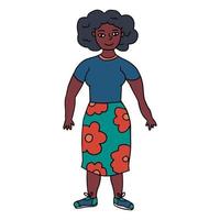 doodle jovem afro-americana gorda na saia com flores. conceito positivo de corpo isolado no fundo branco. vetor