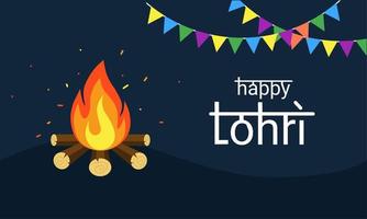 tipografia vetorial, estilo de escrita indiana lohri feliz, com fogueira e fundo escuro da noite, como banner, cartão ou panfleto, festival lohri feliz. vetor