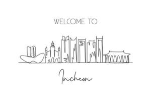 único desenho de linha contínua incheon skyline, coreia do sul. cartão postal de paisagem de raspador de cidade famosa. conceito de destino de viagem mundial. curso editável moderno desenho de uma linha desenho ilustração vetorial vetor