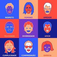 ilustração da diversidade humana em português brasileiro. tradução - respeito, humano, amizade, felicidade, diversidade, amor, cumplicidade, compreensão, empatia. vetor