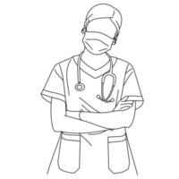 ilustração de linha desenhando um belo jovem cirurgião ou enfermeira médica posando vestindo uniforme uniforme com braços cruzados ou cruzados e um estetoscópio. um retrato de uma médica com um estetoscópio vetor
